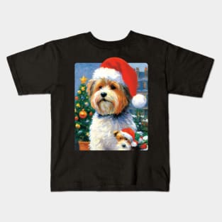 Christmas Lhasa Apso Dog Portrait painting Kids T-Shirt